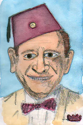 A watercolour portrait of Bernard the Magician, smiling, in a red fez and a bow tie, on blue.