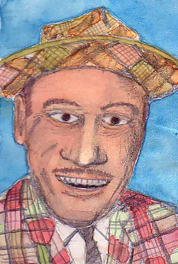 A watercolour portrait of Happy Hammond, grinning, in a check hat and a patchwork-check coat, on blue.