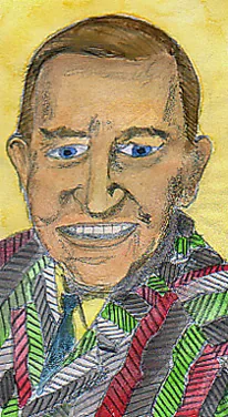 A watercolour portrait of Uncle Norman, smiling, in a striped many-coloured jacket, on yellow.