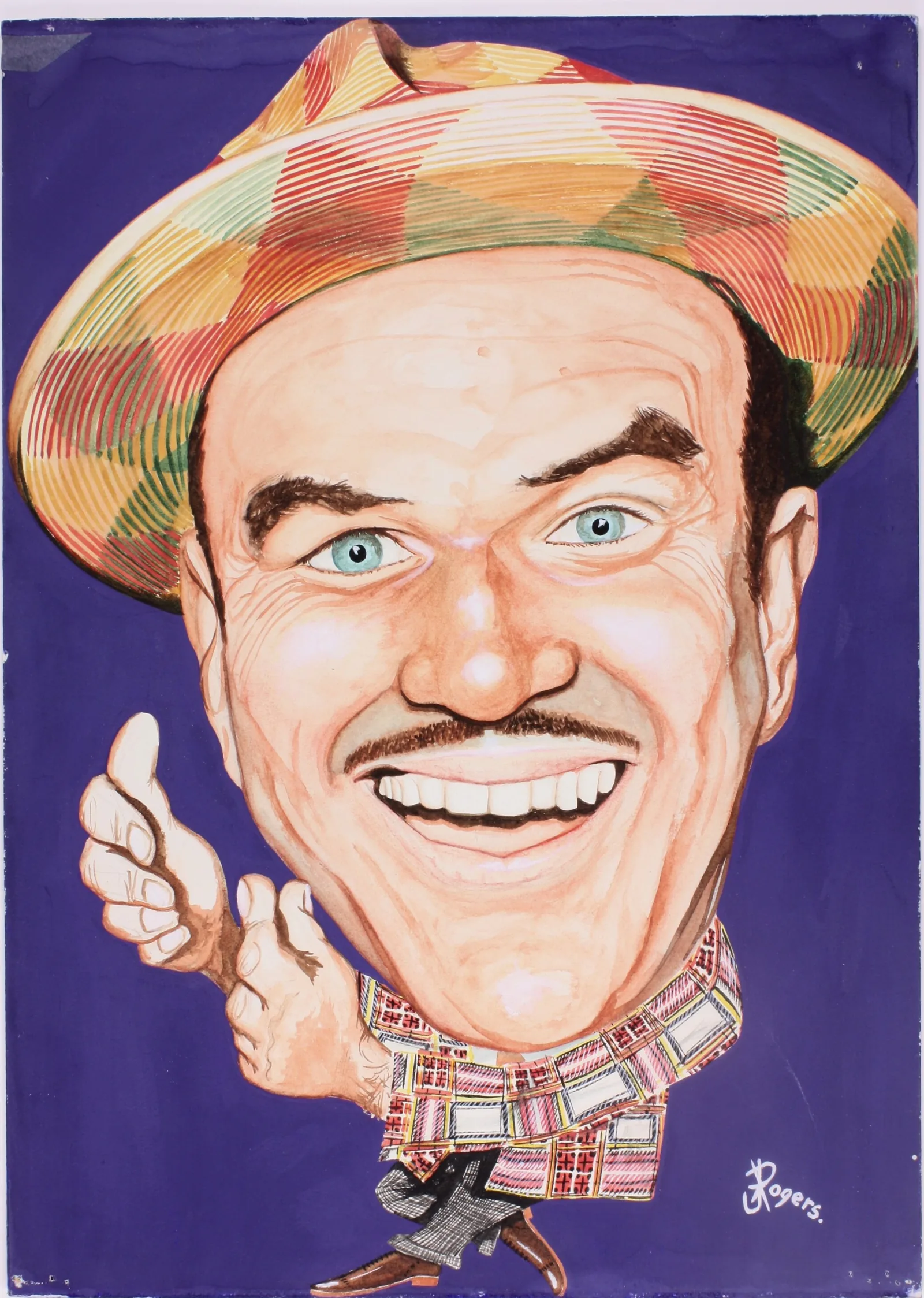 A painted caricature on purple: Happy Hammond, a huge grinning head with a pencil moustache, in a checked hat and checked jacket, clicking his fingers.